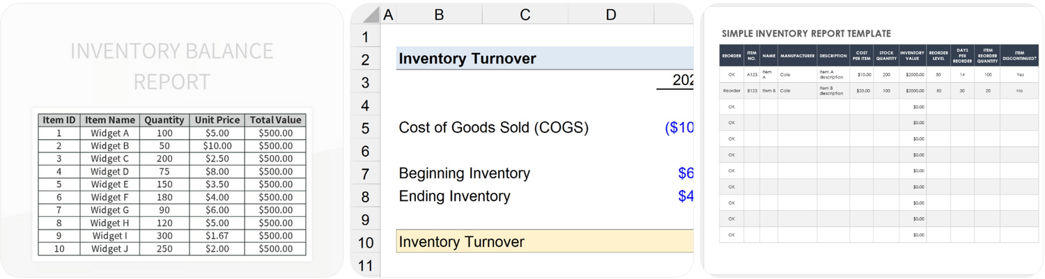 Warehouse reports for a manufacturing business